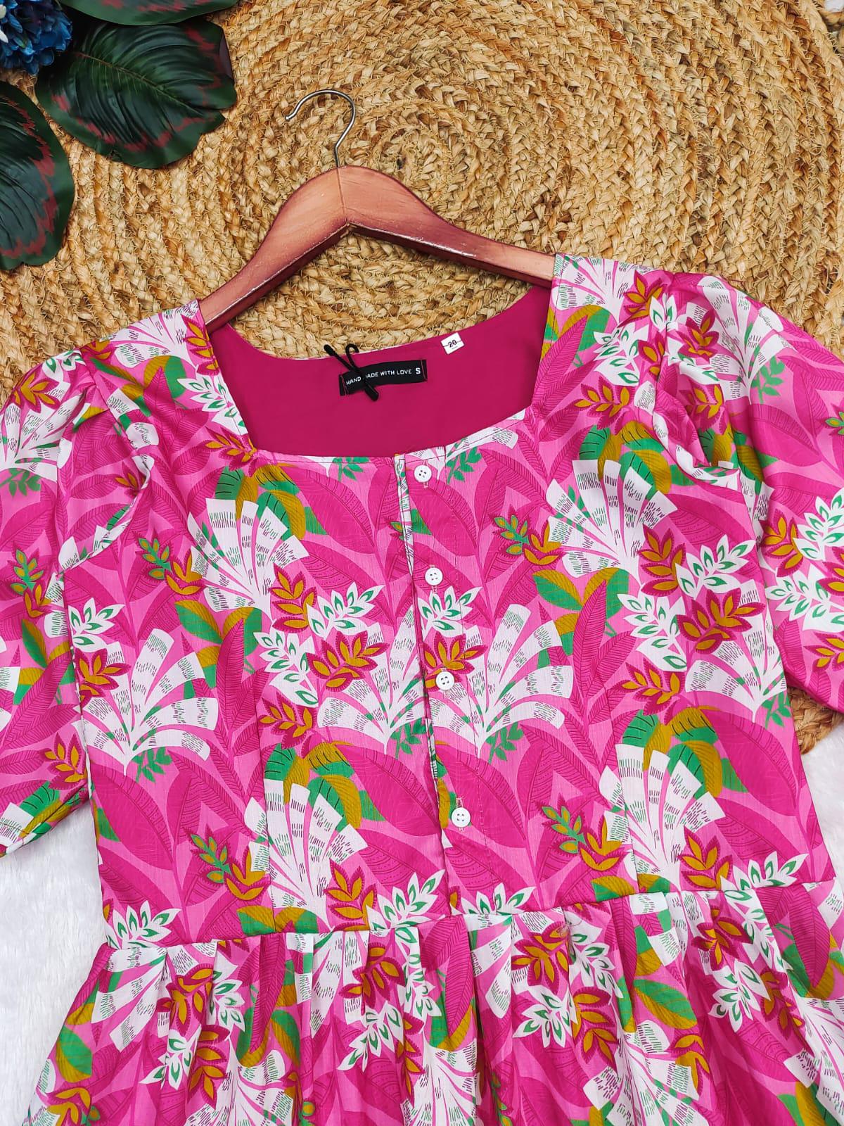 Stylish Everyday Outfit Pink Ladies Cotton Printed Dress with Lining
