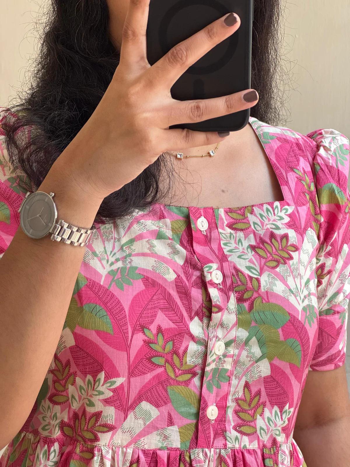 Stylish Everyday Outfit Pink Ladies Cotton Printed Dress with Lining