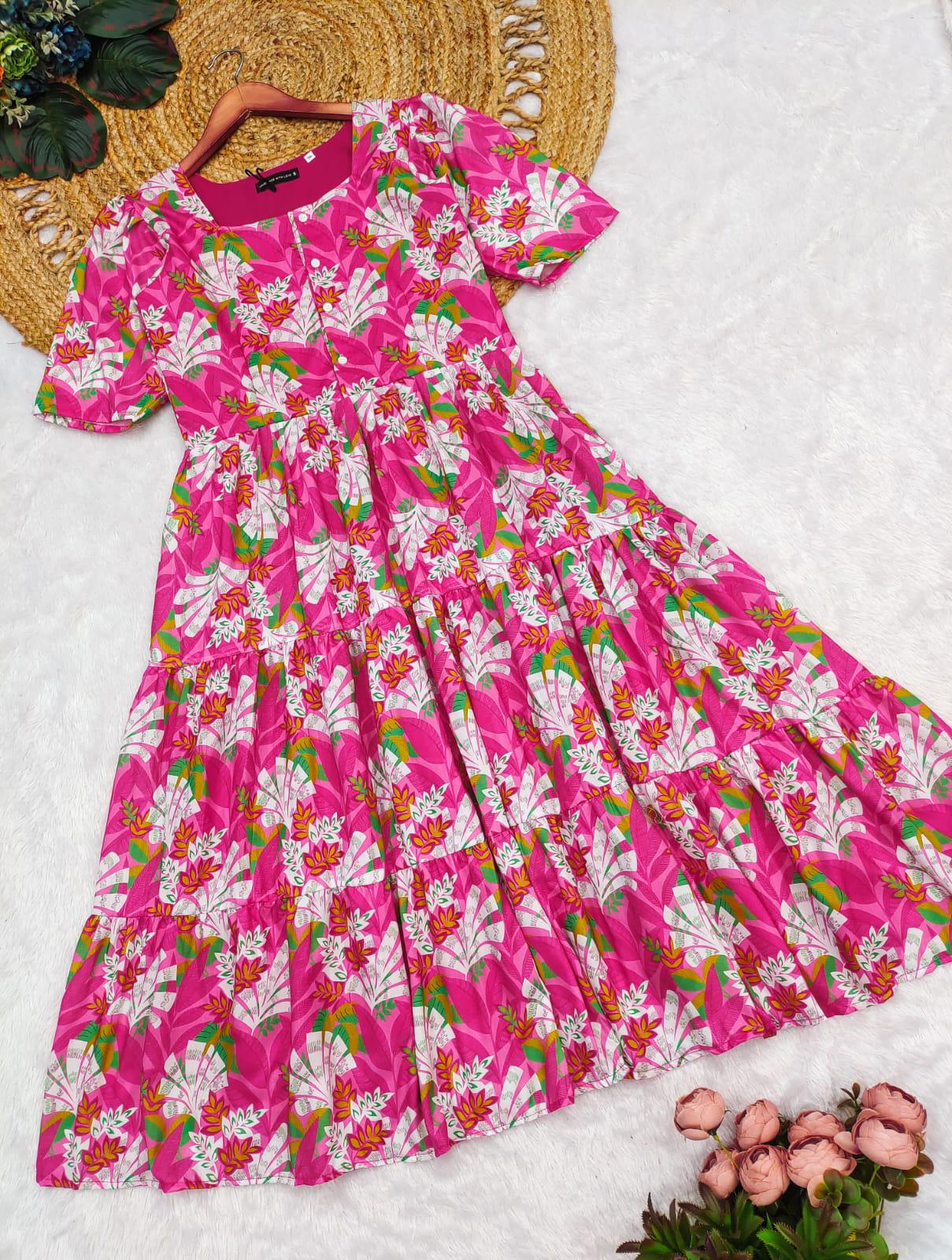 Stylish Everyday Outfit Pink Ladies Cotton Printed Dress with Lining