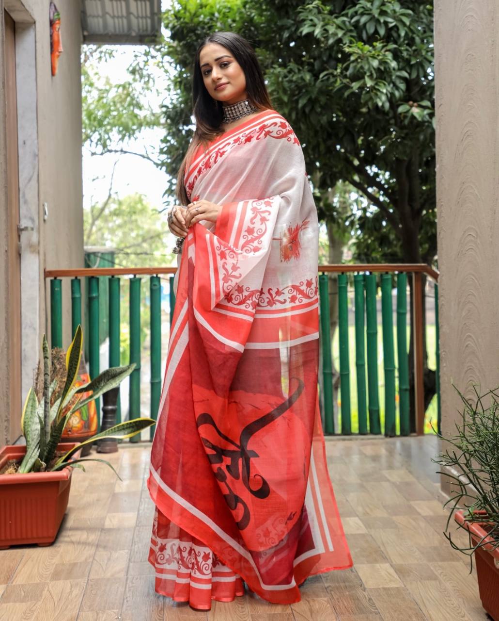 Soft & Lightweight Party Wear  Elegant White & Orange Linen Saree with Digital Print