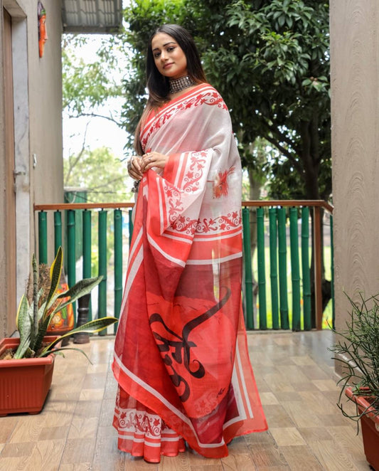 Soft & Lightweight Party Wear  Elegant White & Orange Linen Saree with Digital Print