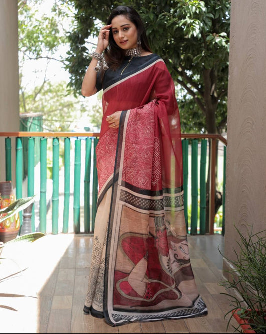 Elegant Maroon & Cream Linen Saree with Digital Print