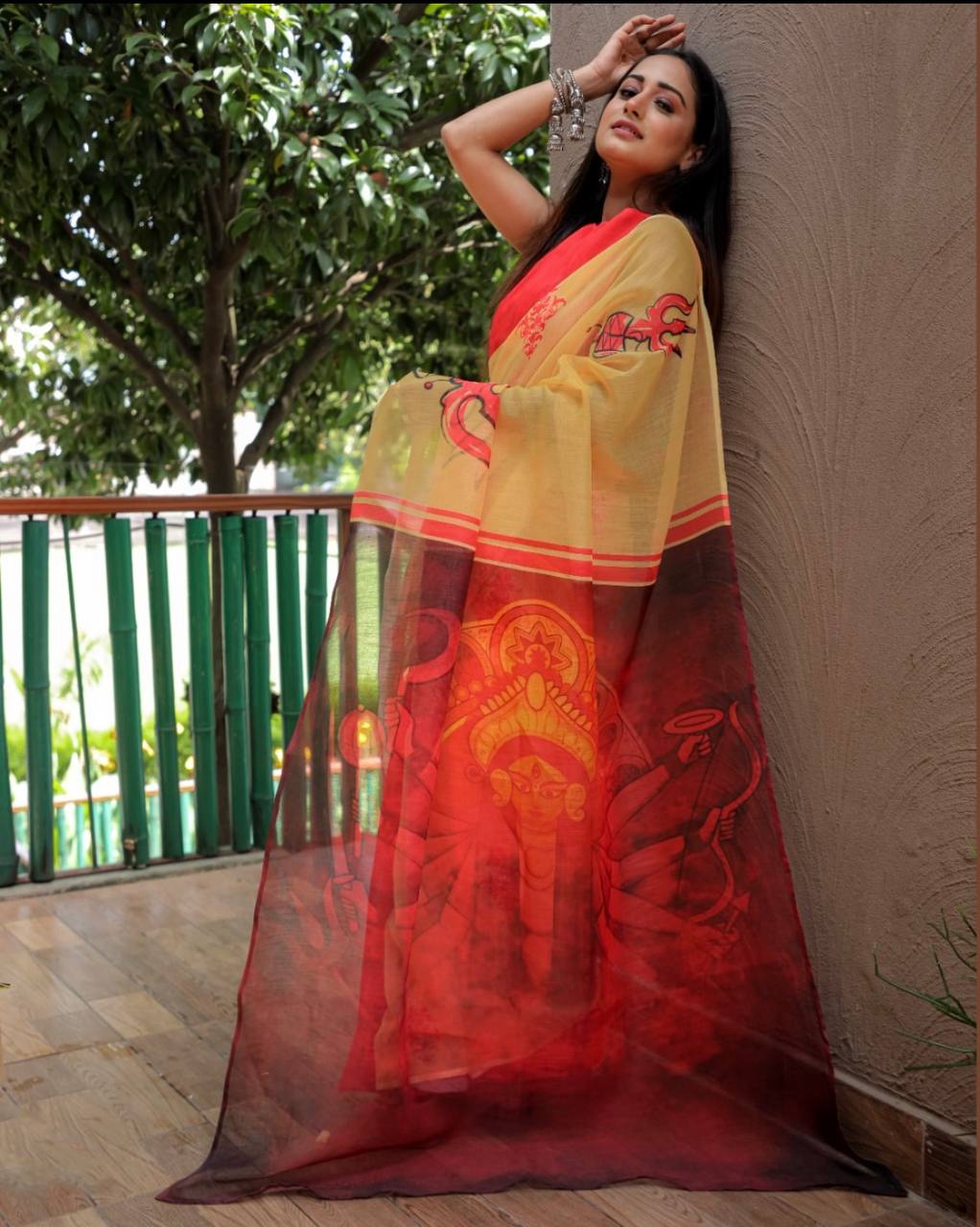 Exclusive Party wear Yellow & Peach Linen Saree with Digital Print