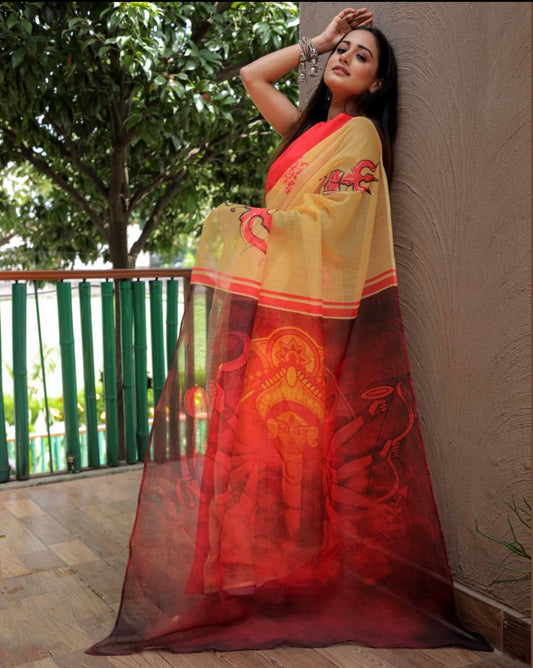 Exclusive Party wear Yellow & Peach Linen Saree with Digital Print