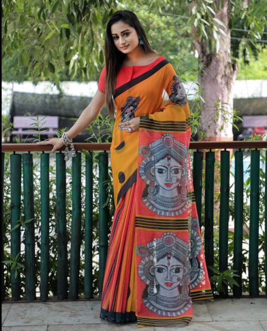 Elegant Mustard Yellow & Orange Linen Saree with Digital Print
