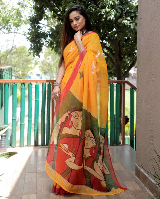 Soft Festive Wear Yellow Linen Saree with Green & Peach Accents