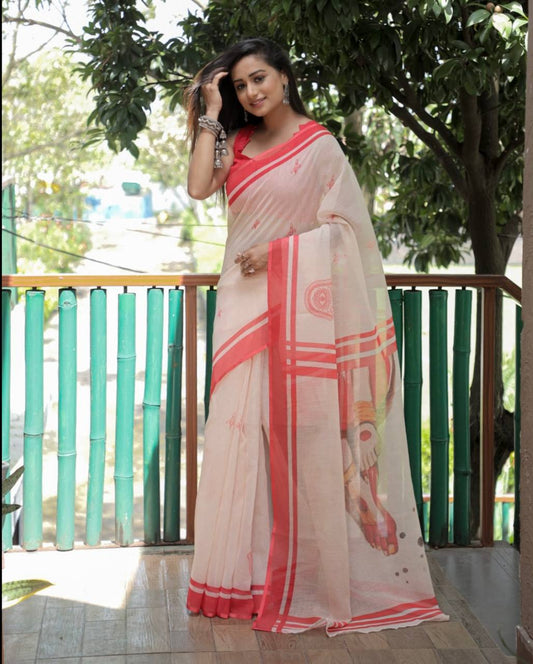 Soft & Elegant Festive Wear  Off White & Light Orange Linen Saree with Digital Print
