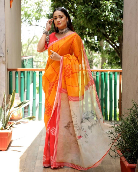 Soft & Festive Wear  Yellow, Orange & White Linen Saree with Digital Print