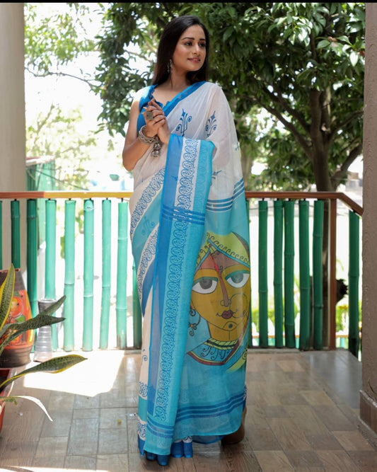 Soft & Lightweight Festive Wear  Elegant Off White & Sky Blue Linen Saree with Digital Print