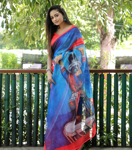 Soft & Lightweight Festive Wear Elegant Blue & Orange Linen Saree with Digital Print