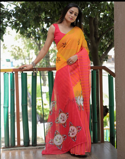 Soft & Lightweight Festive Wear Elegant Yellow & Peach Linen Saree with Digital Print