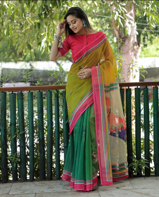 Soft Festive Wear  Light & Dark Green Linen Saree with Pink Accents