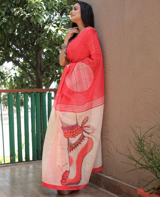 Soft & Lightweight Festive Wear  Elegant Peach & Cream Linen Saree with Digital Print