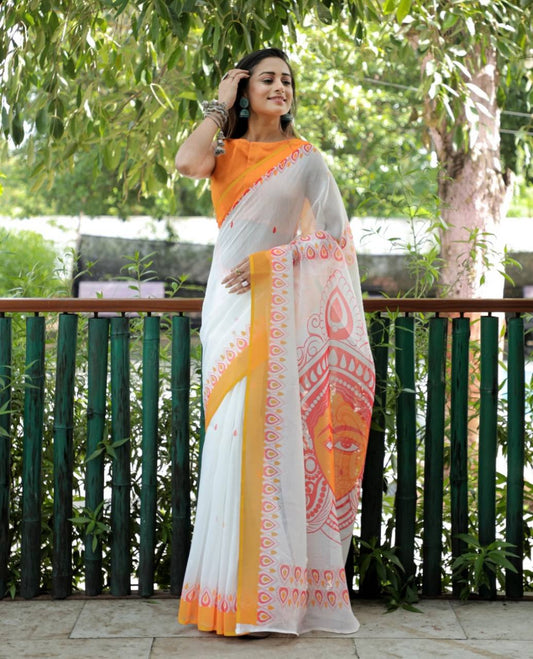 Soft Festive Wear  Elegant White & Mustard Yellow Linen Saree with Digital Print