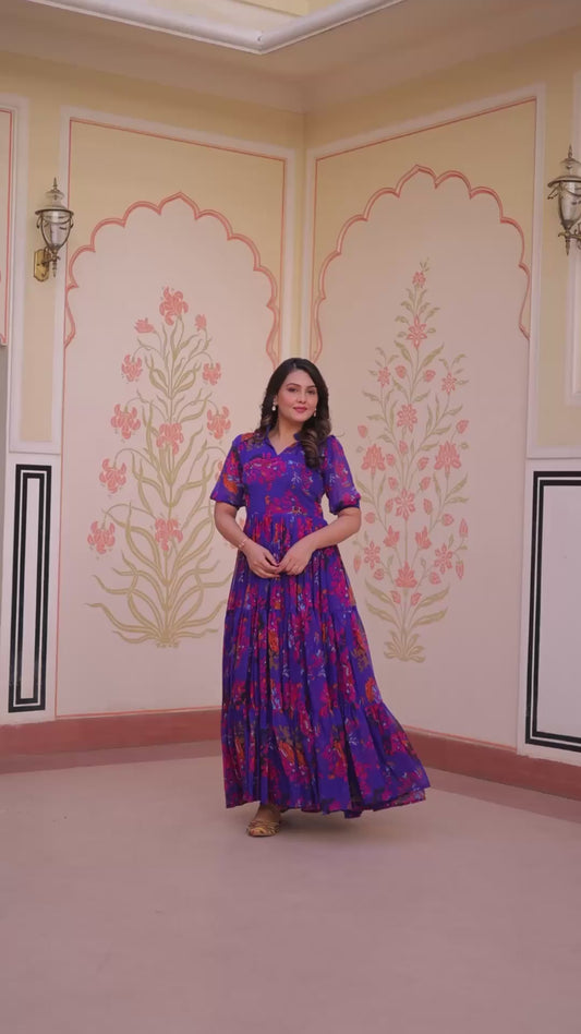 Faux Georgette Printed Full Flair Gown with Collar Neck – Blue
