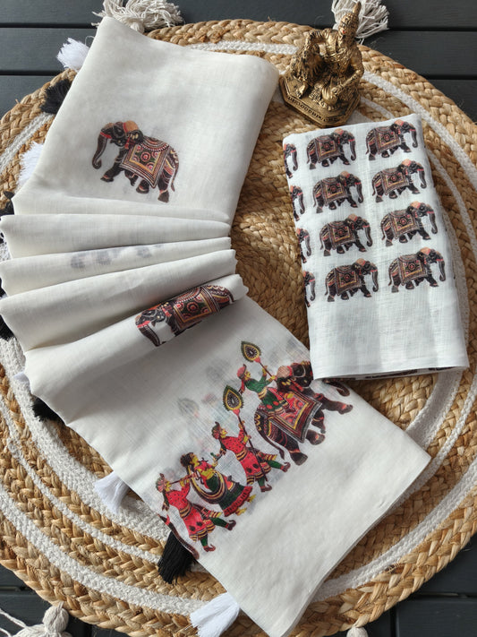 Traditional & Stylish White Linen Saree with Allover Elephant Kalamkari Print