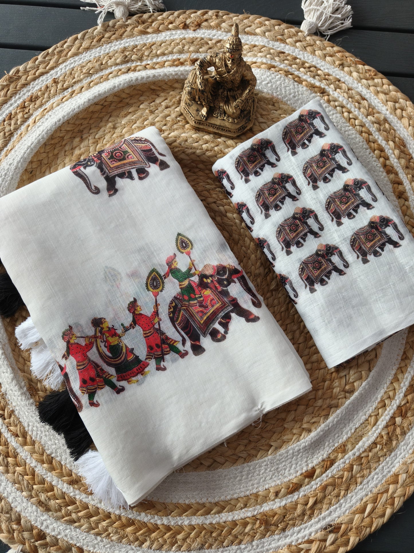 Traditional & Stylish White Linen Saree with Allover Elephant Kalamkari Print
