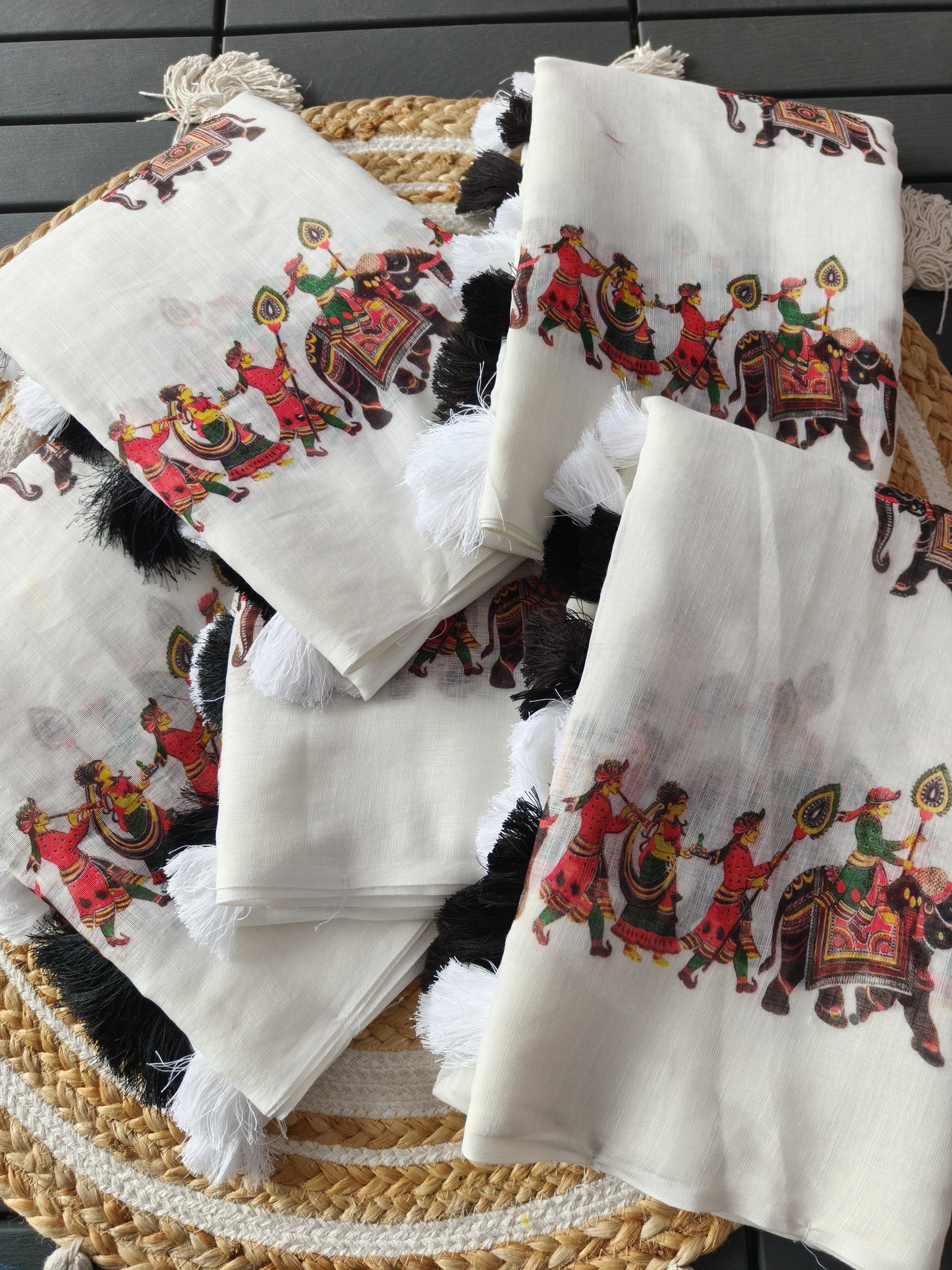 Traditional & Stylish White Linen Saree with Allover Elephant Kalamkari Print
