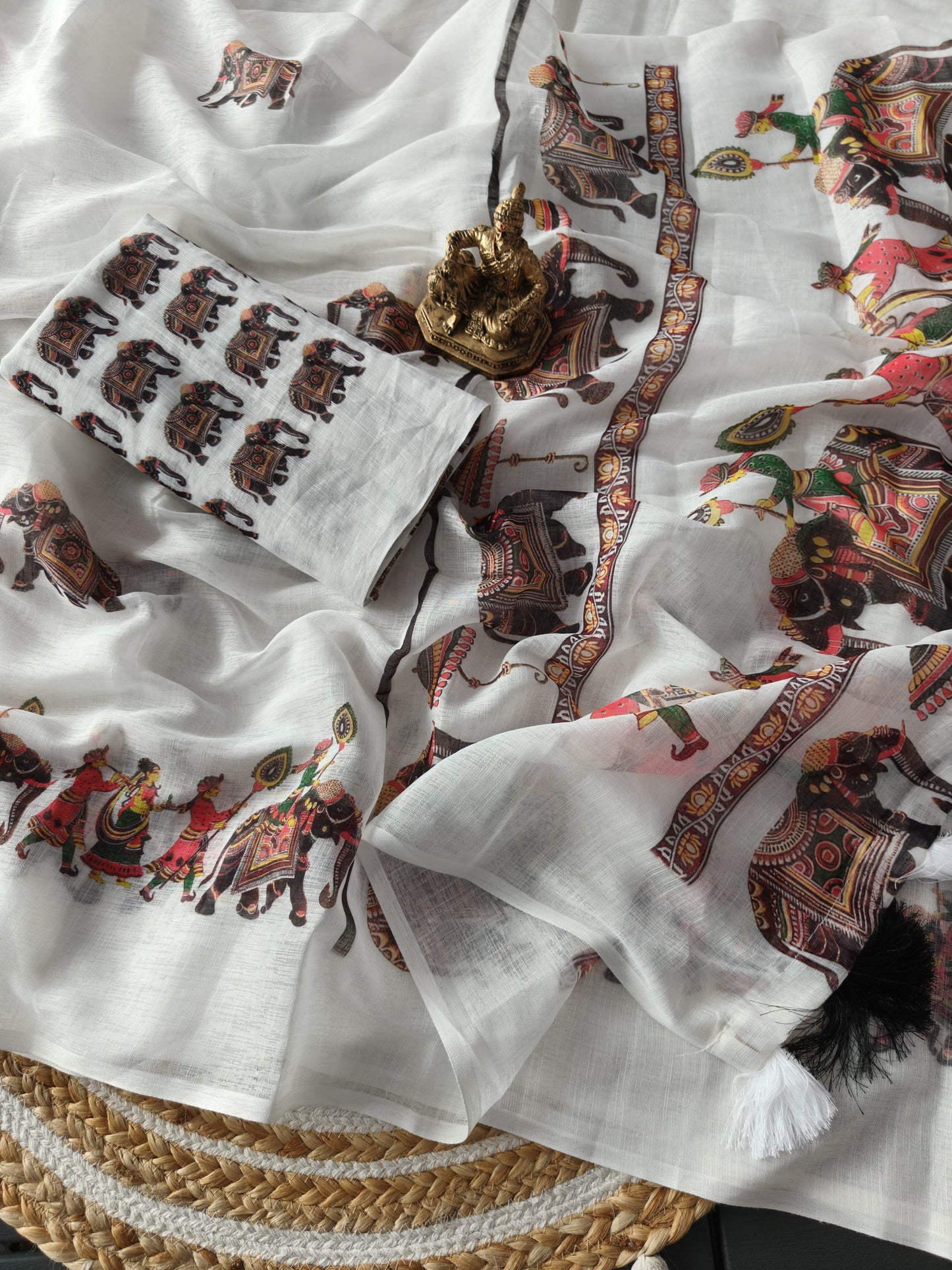 Traditional & Stylish White Linen Saree with Allover Elephant Kalamkari Print