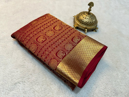 Pure Brocade Mysore Silk Saree with Rich Zari Weaving & Jacquard Blouse-Red