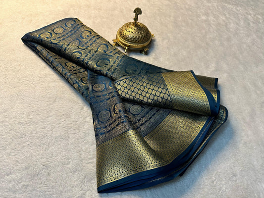 Pure Brocade Mysore Silk Saree with Rich Zari Weaving & Jacquard Blouse-Royal blue