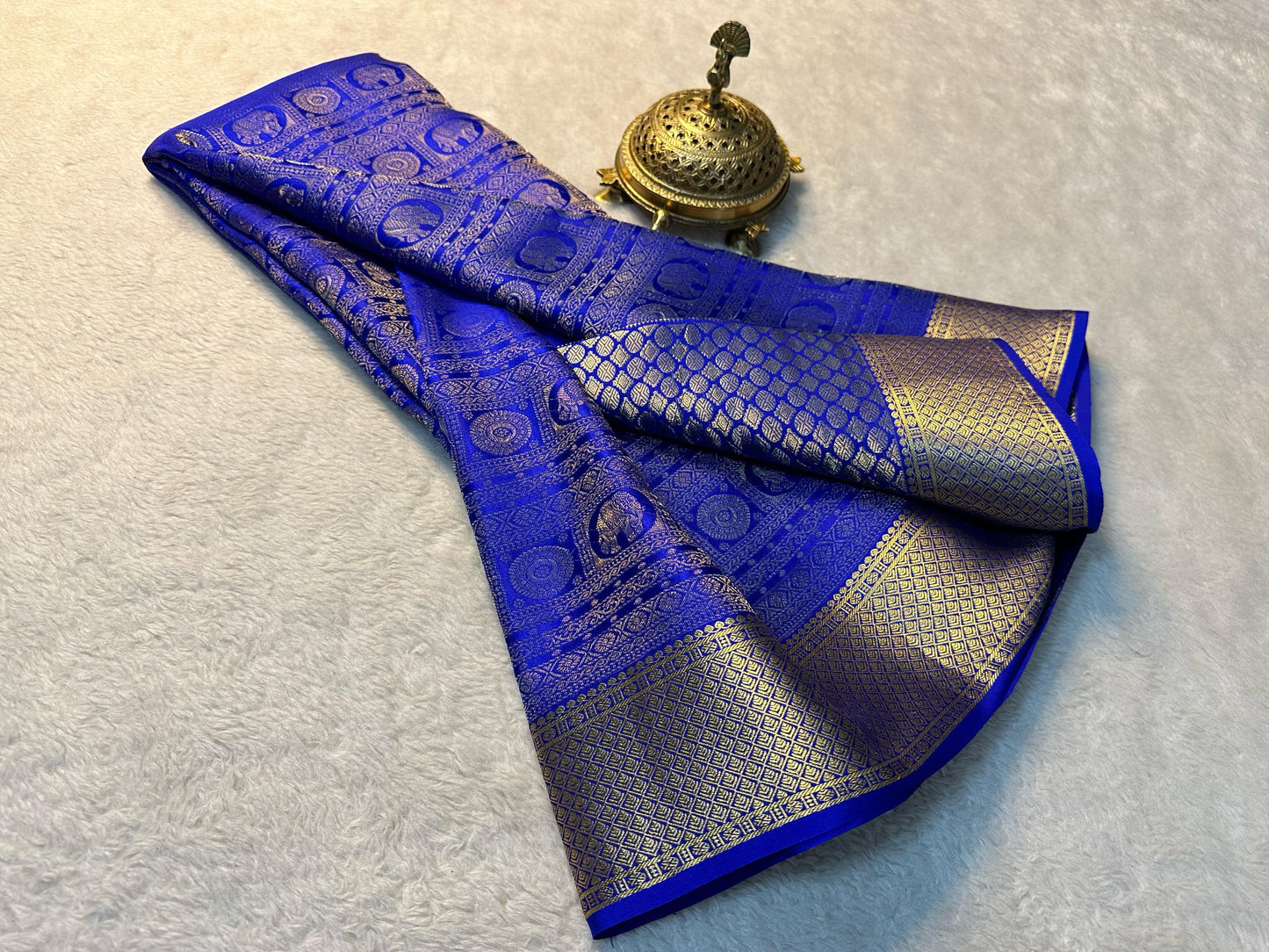 Pure Brocade Mysore Silk Saree with Rich Zari Weaving & Jacquard Blouse-Indigo blue