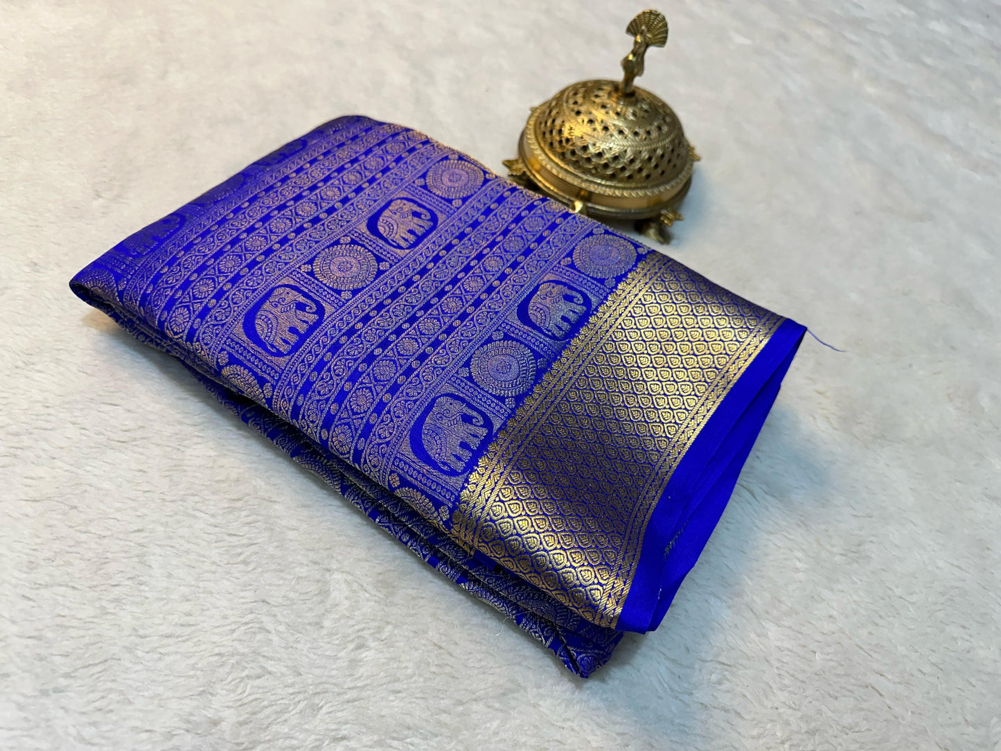 Pure Brocade Mysore Silk Saree with Rich Zari Weaving & Jacquard Blouse-Indigo blue