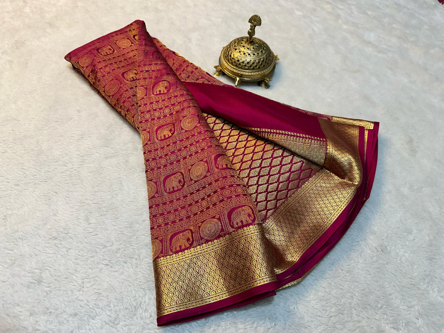 Pure Brocade Mysore Silk Saree with Rich Zari Weaving & Jacquard Blouse-Red