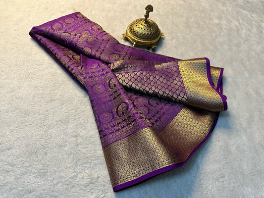Pure Brocade Mysore Silk Saree with Rich Zari Weaving & Jacquard Blouse-Purple