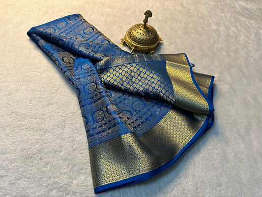 Pure Brocade Mysore Silk Saree with Rich Zari Weaving & Jacquard Blouse-Blue