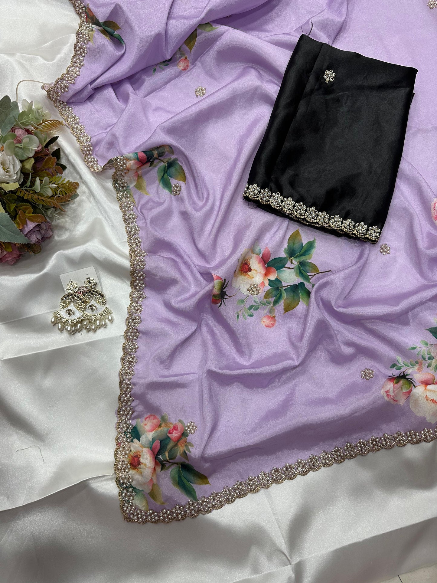 Chinnon sarees Party Wear Lavender  Digital Printed Saree with Embroidery & Diamond Work