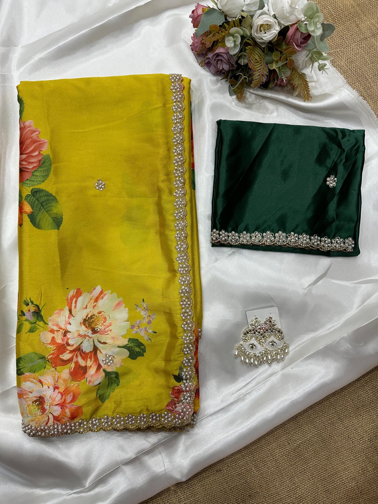Chinnon sarees Yellow Digital Printed Saree with Embroidery & Diamond Work