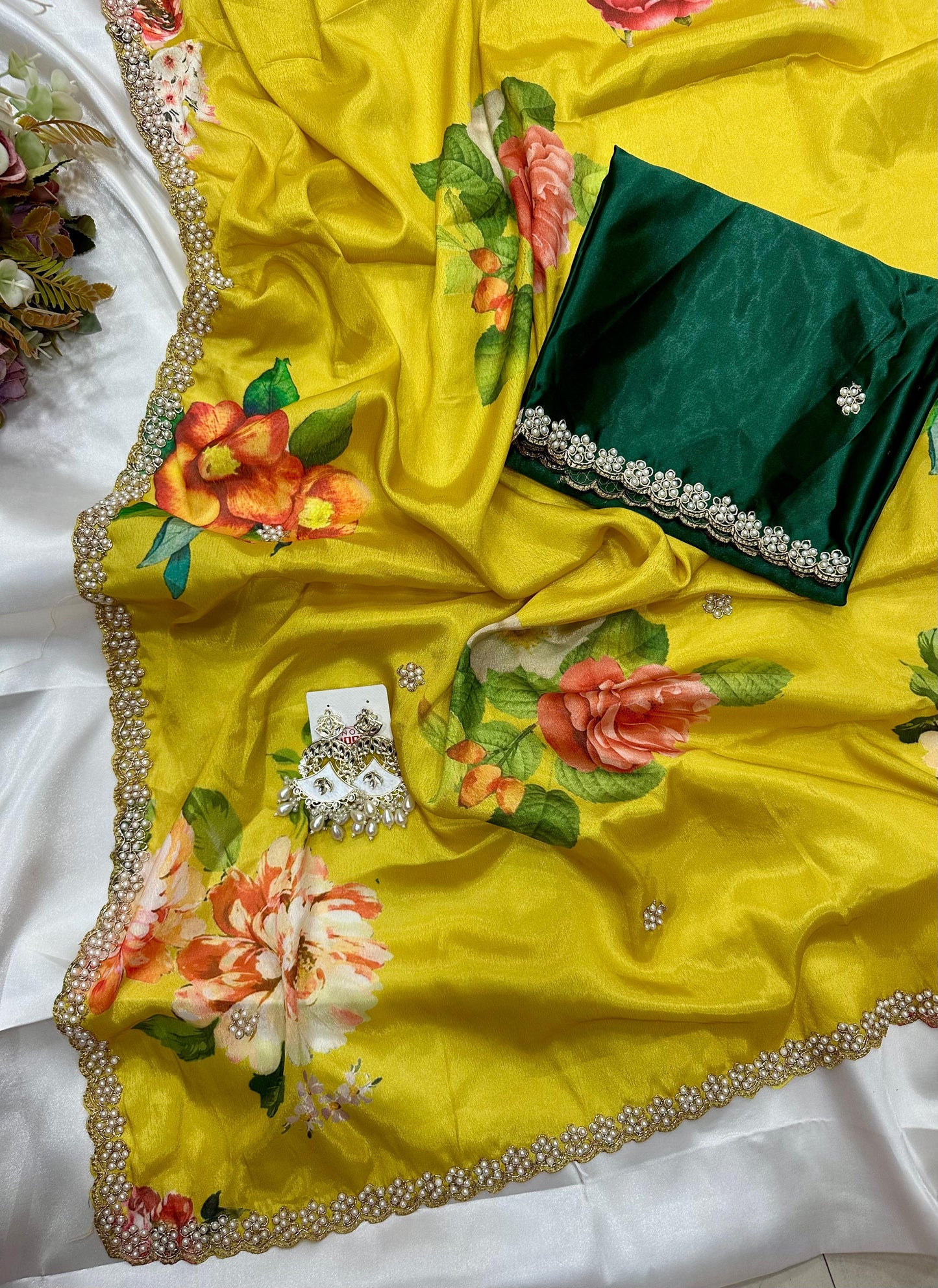 Chinnon sarees Yellow Digital Printed Saree with Embroidery & Diamond Work