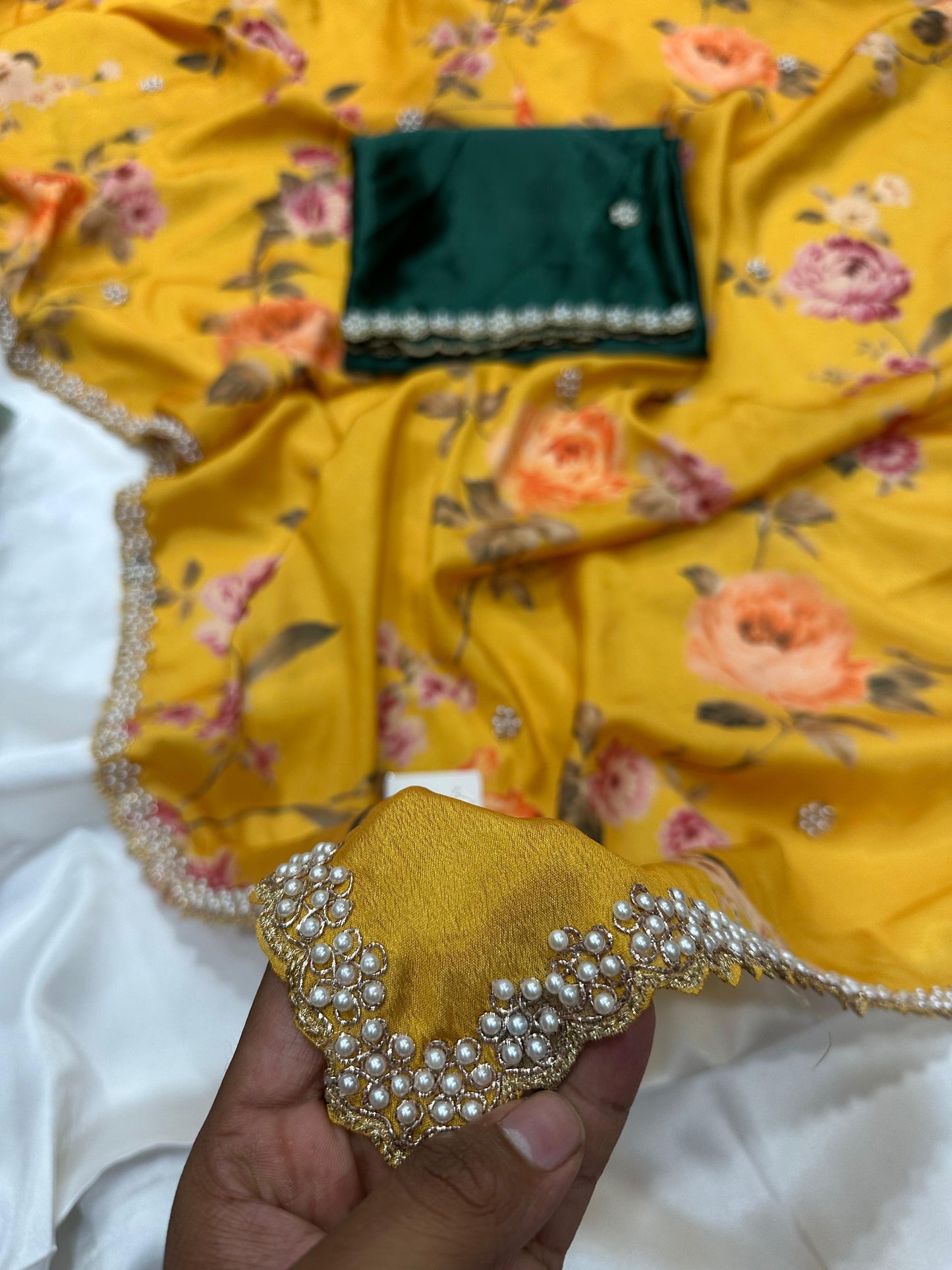 Chinnon sarees Yellow Digital Printed Saree with Embroidery & Diamond Work