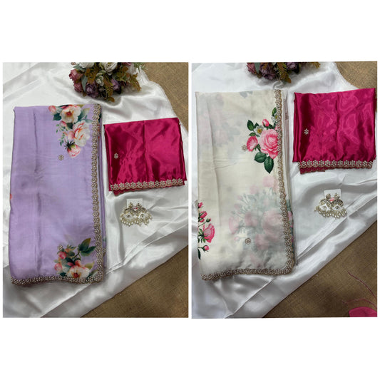 Elegant Festive Wear Digital Printed Saree with Embroidery & Diamond Work – Pink Blouse