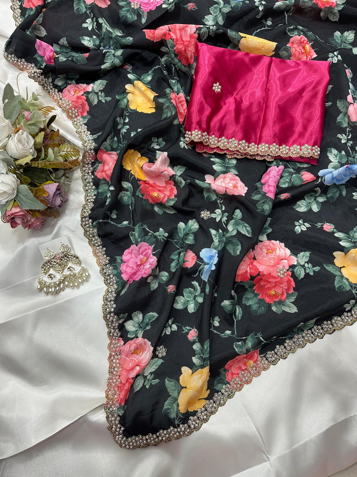 New Moti Work Black Chinnon Digital Printed Saree with Embroidery & Pink Blouse