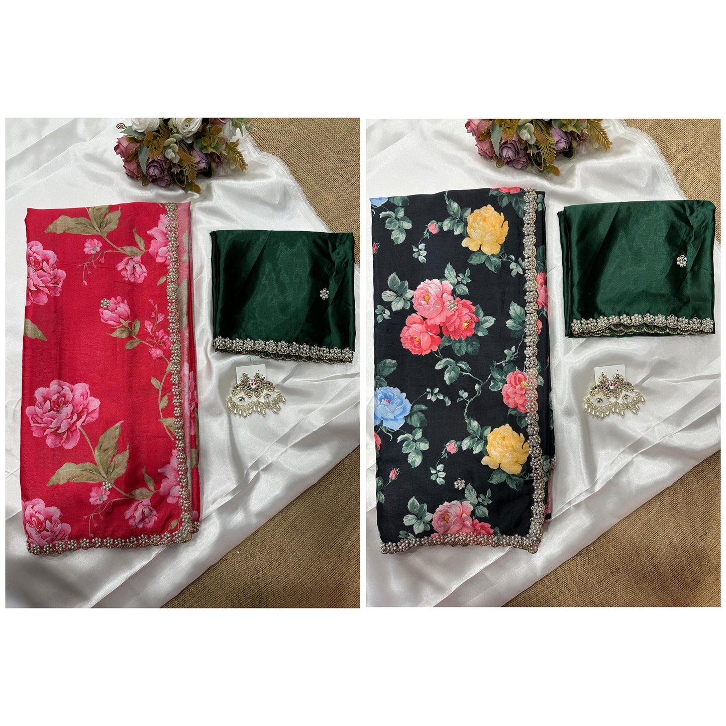 Embroidery & Diamond Work Pink & Black Chinnon Printed Sarees with Green Blouse