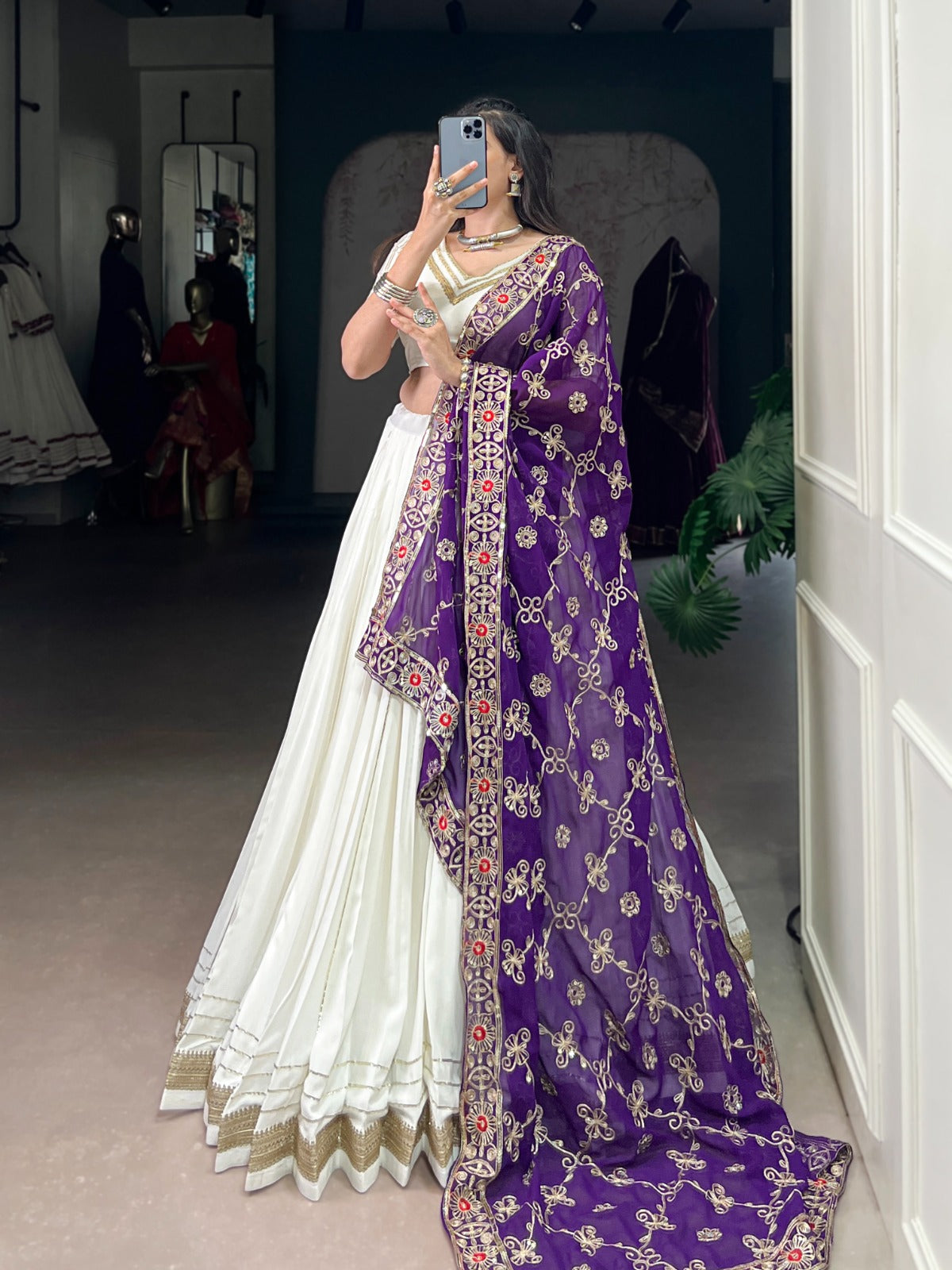 Festive White Lehenga Choli with Violet Dupatta & Gold Embroidery