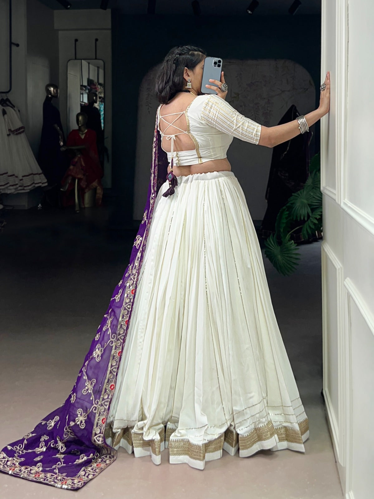 Festive White Lehenga Choli with Violet Dupatta & Gold Embroidery