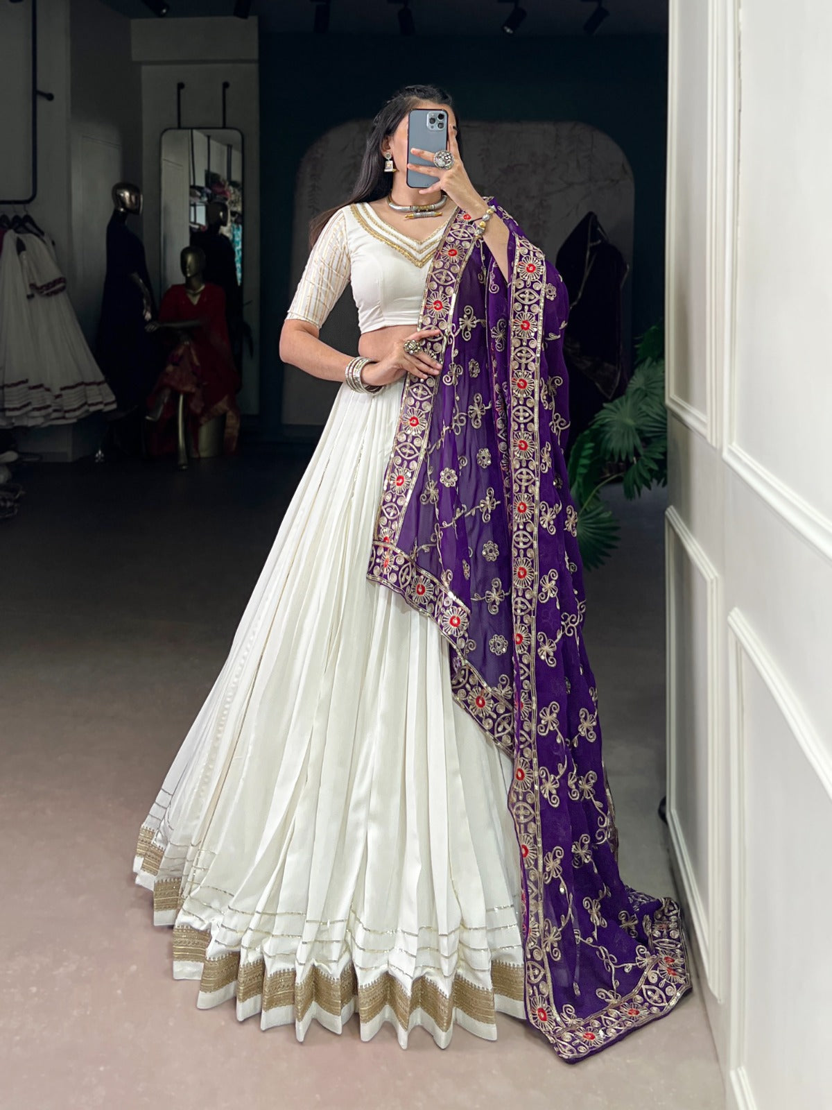 Festive White Lehenga Choli with Violet Dupatta & Gold Embroidery