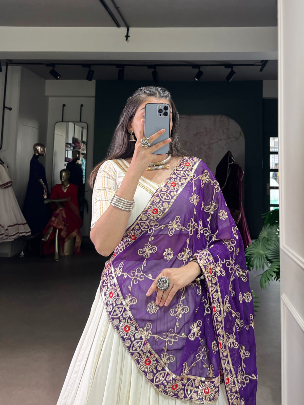Festive White Lehenga Choli with Violet Dupatta & Gold Embroidery