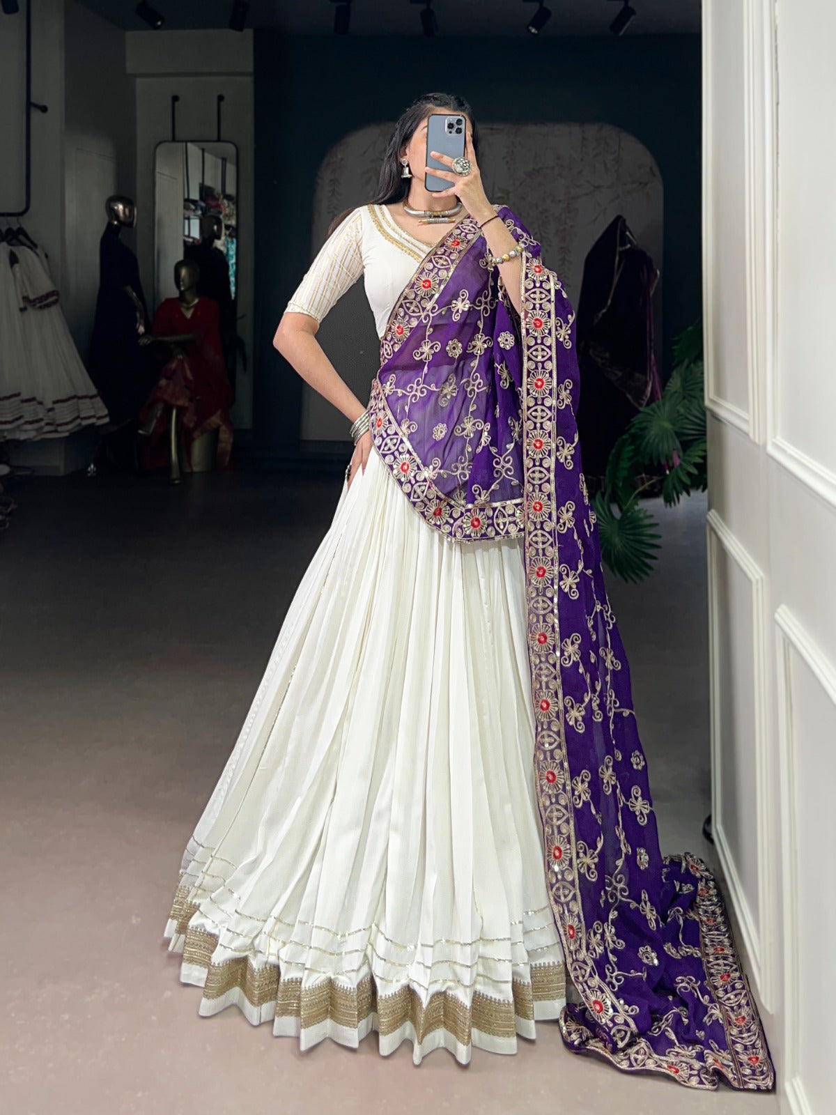 Festive White Lehenga Choli with Violet Dupatta & Gold Embroidery