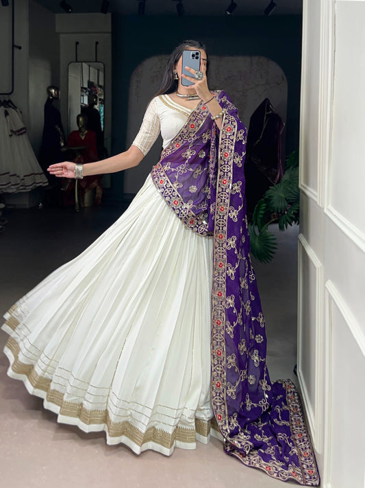 Festive White Lehenga Choli with Violet Dupatta & Gold Embroidery