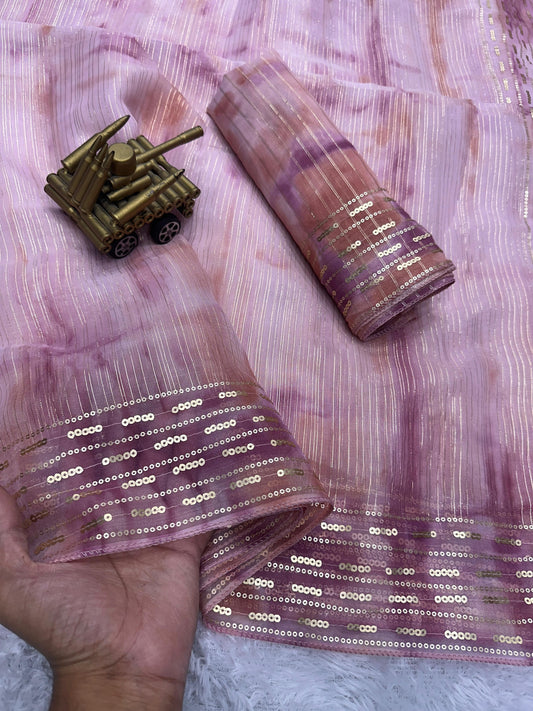 Soft Pastel Shaded Organza Saree with Zari Lining & Hand Sequin Work