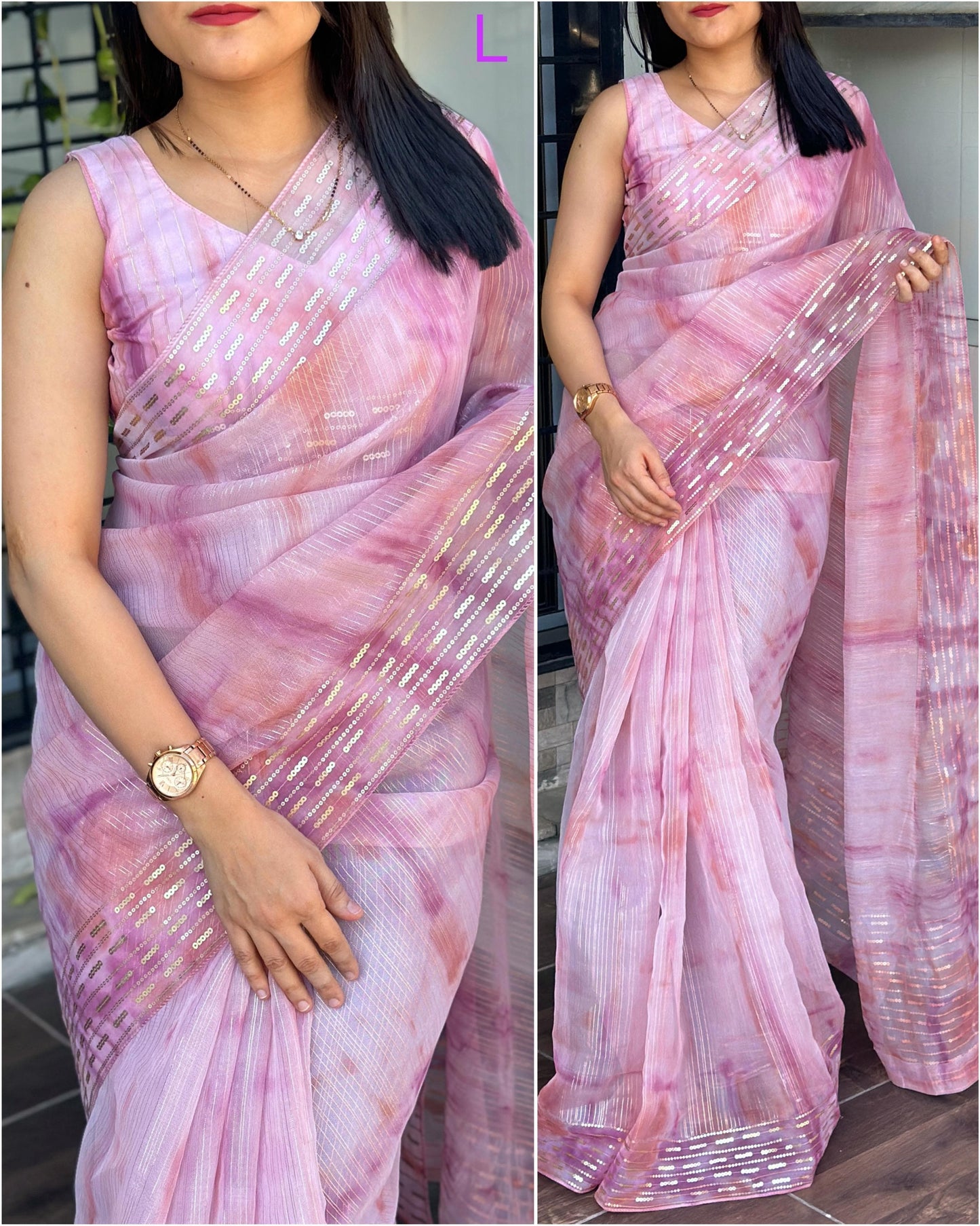 Soft Pastel Shaded Organza Saree with Zari Lining & Hand Sequin Work