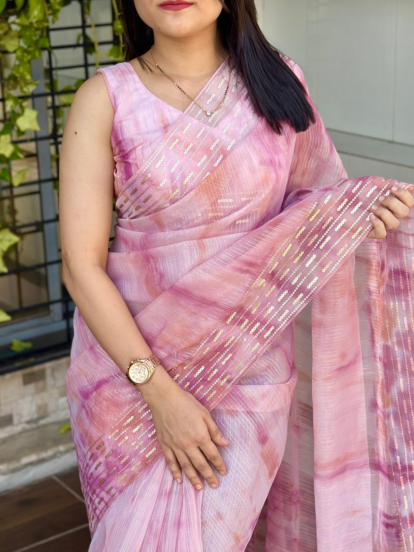 Soft Pastel Shaded Organza Saree with Zari Lining & Hand Sequin Work