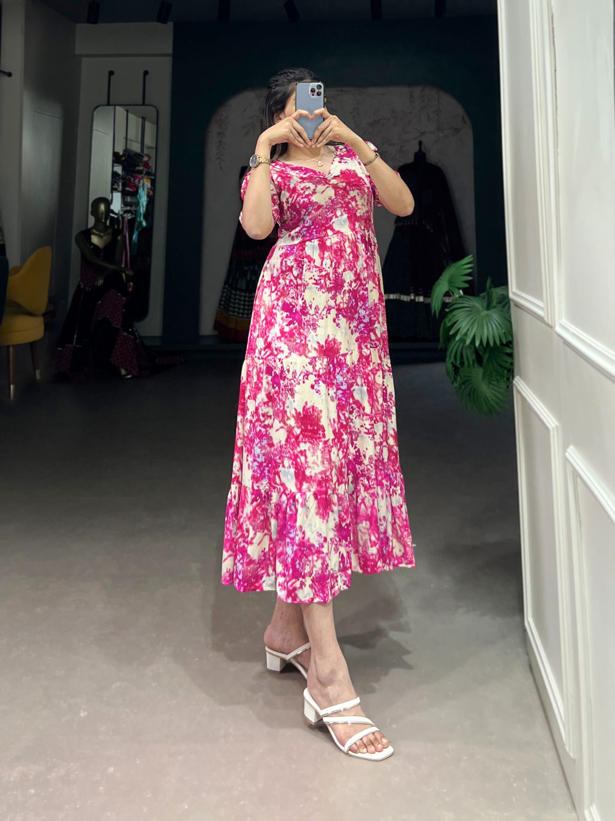 Ethnic Printed Rayon Frock with Foil Work – Pink
