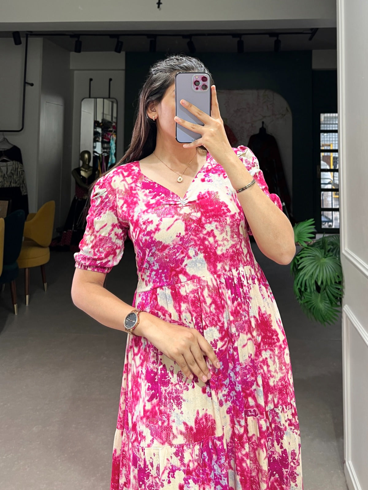 Ethnic Printed Rayon Frock with Foil Work – Pink