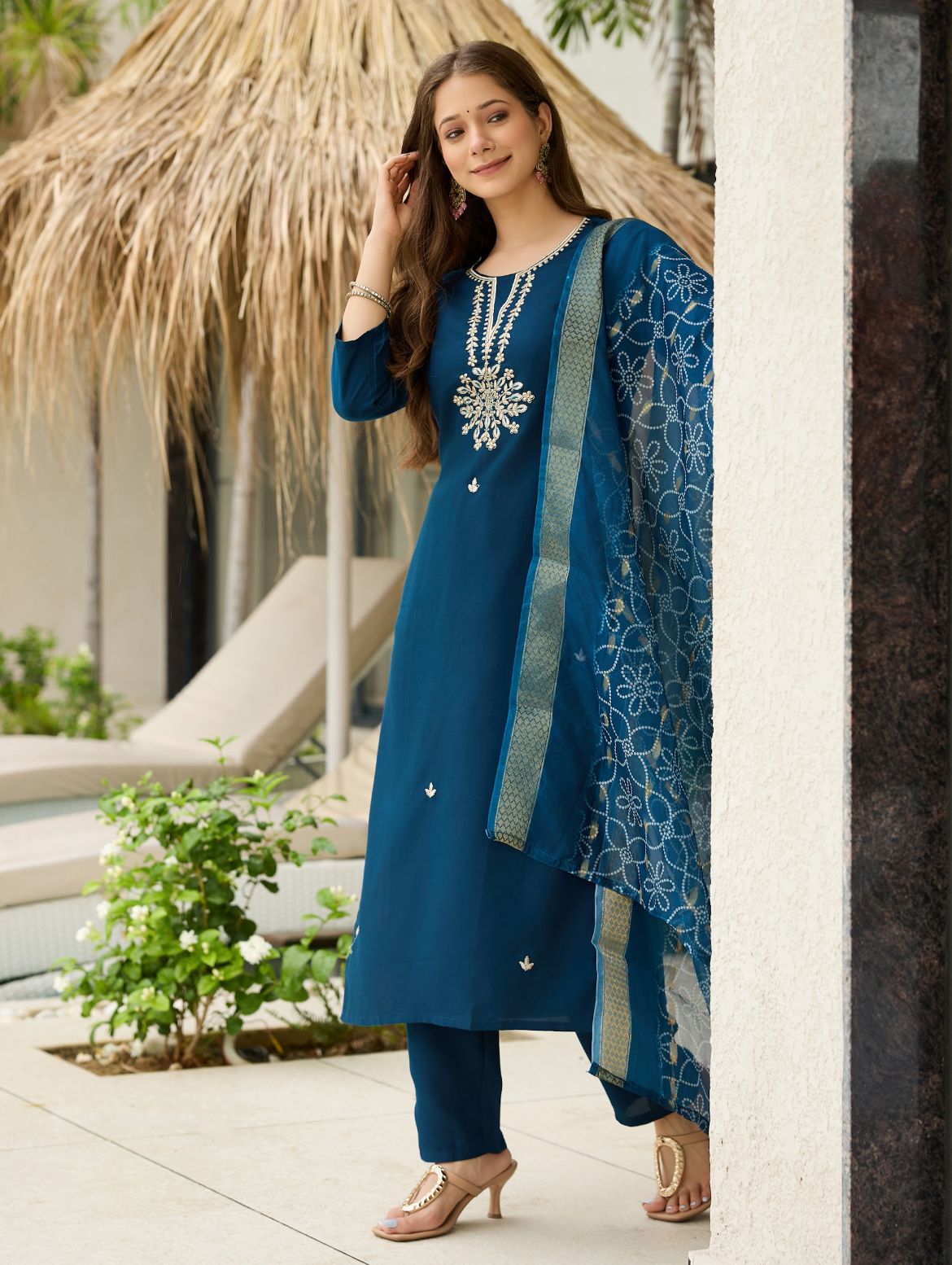 Embroidered Ethnic Wear for Women Petrol Blue Rayon Kurti Pant Dupatta Set