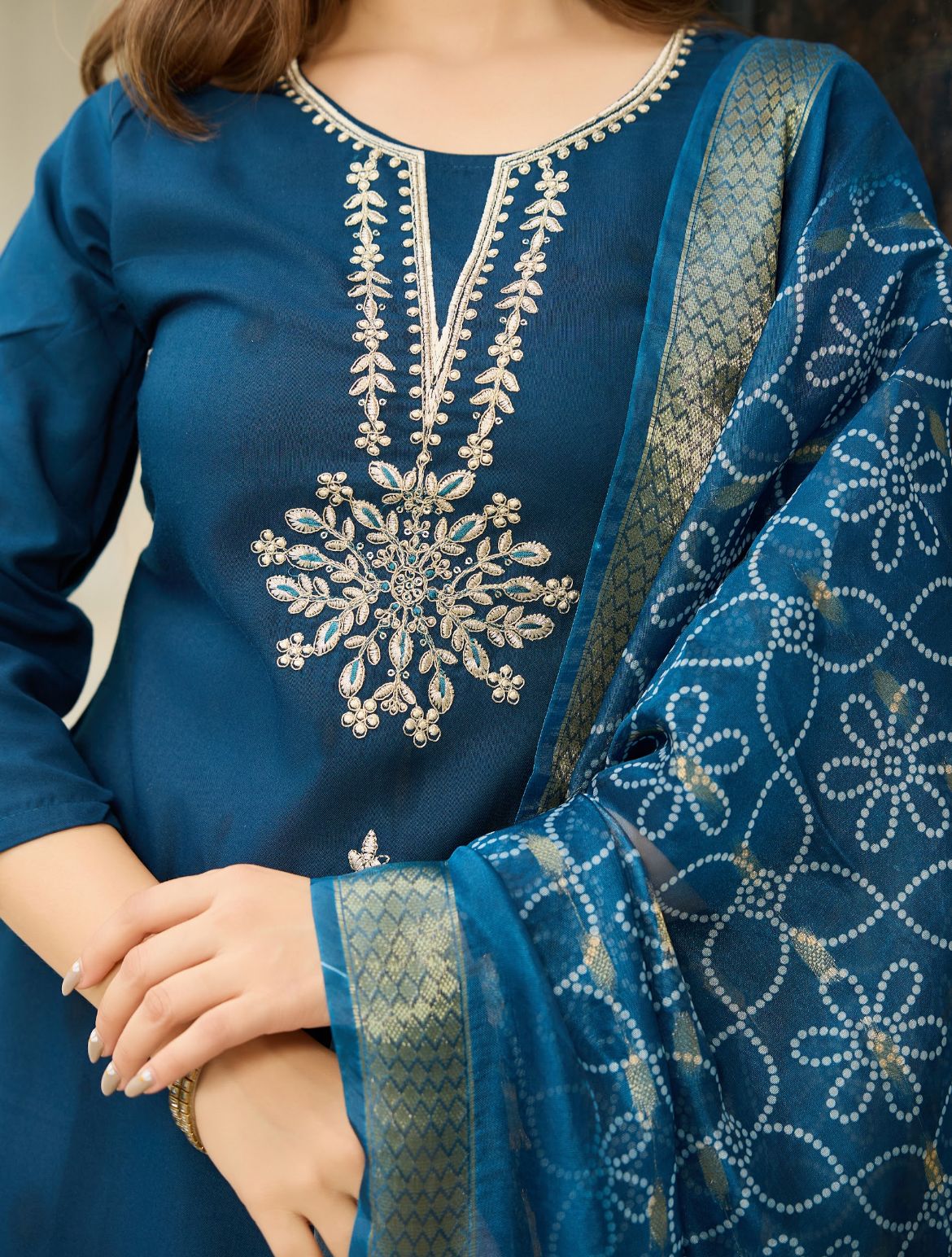 Embroidered Ethnic Wear for Women Petrol Blue Rayon Kurti Pant Dupatta Set